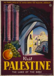 Międzywojenny plakat reklamujący atrakcje turystyczne Palestyny
